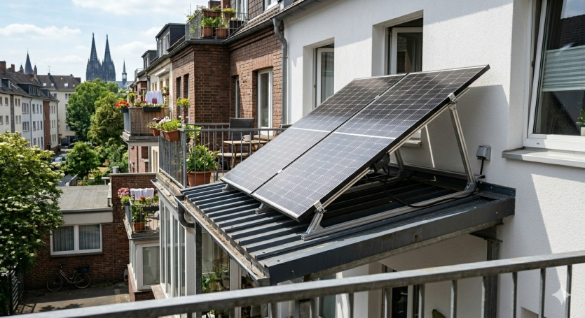 Montage eines Balkonkraftwerks auf einem Vordach.