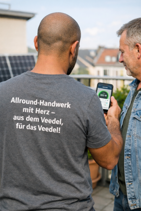 Beratung eines Kunden zur Installation eines Balkonkraftwerks auf dem Balkon.