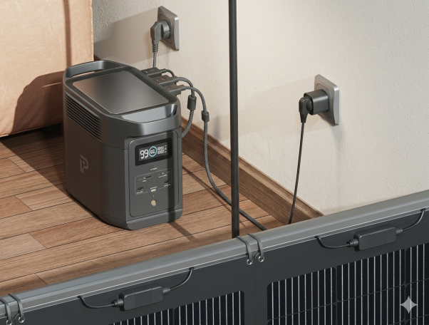 Balkonkraftwerk mit angeschlossenem Batteriespeicher zur Speicherung von Solarstrom.