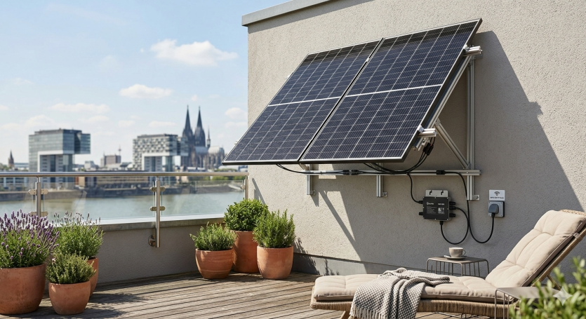 Balkonkraftwerk an einer Hauswand montiert.