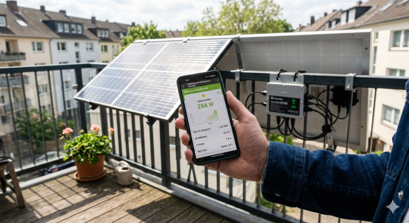 Smartphone mit Balkonkraftwerk-App, im Hintergrund ein Solarmodul.